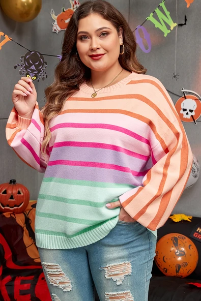 Büyük Beden Balon Kol Şeritli Triko Kazak (Pembe Çizgili)