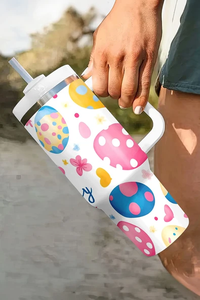 Tavşan ve Yumurta Desenli Termal Bardak - Beyaz - 40oz (Beyaz) - 3
