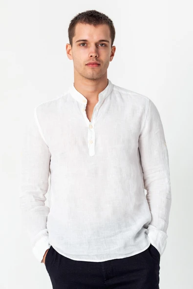 Comfort Fit Rahat Kesim 4 Düğmeli Hakim Yaka Yüzde Yuz Keten Kumaşdan Rahat Gömlek - 3