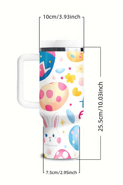 Tavşan ve Yumurta Desenli Termal Bardak - Beyaz - 40oz (Beyaz) - 9
