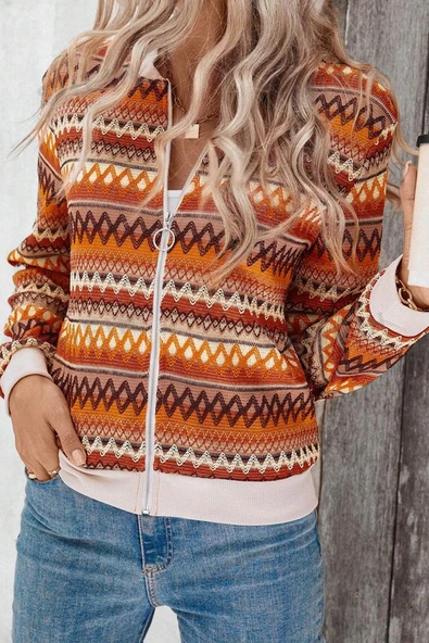 Kadın Boho Çizgili Fermuarlı Uzun Kollu Ceket (Turuncu)
