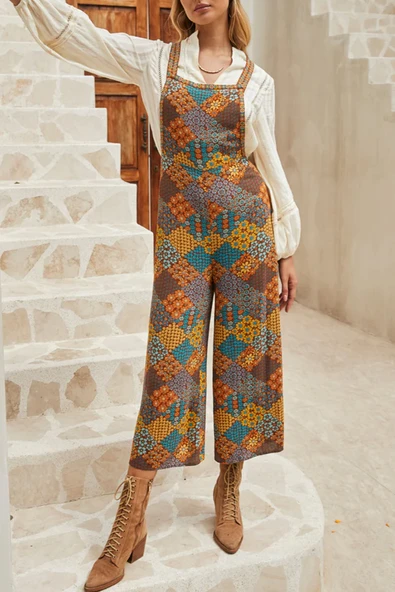 Çiçek Desenli Kruvaze Askılı Tulum (Çok renkli)