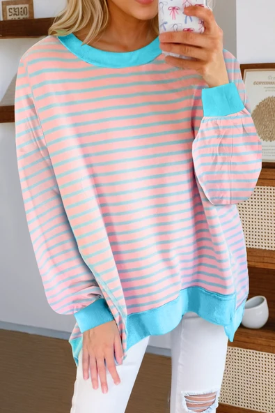 Kadın Pembe Çizgili Tunik Sweatshirt (Pembe Çizgili)