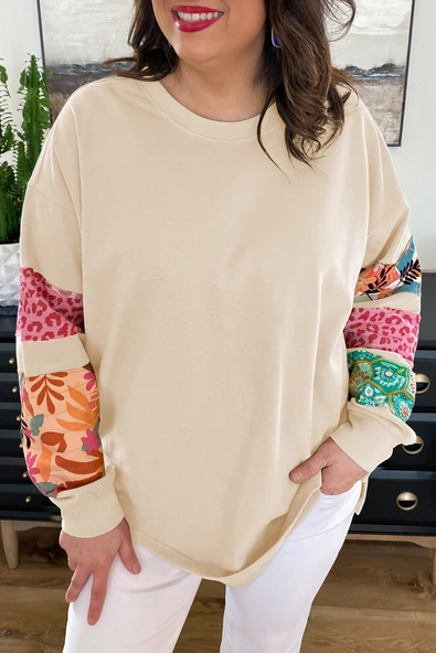 Kadın Baskılı Patchwork Uzun Kollu Sweatshirt (Bej)