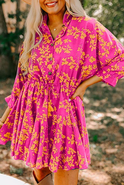 Çiçek Desenli Büzgülü Tunik Elbise (Pembe)