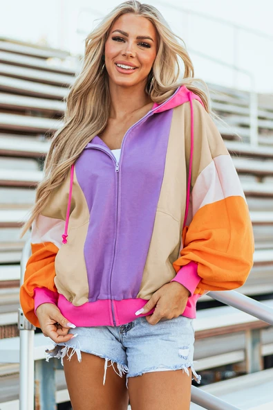 Kadın Oversize Renk Bloklu Kapüşonlu Fermuarlı Sweatshirt (Greyfurt - Turuncu)