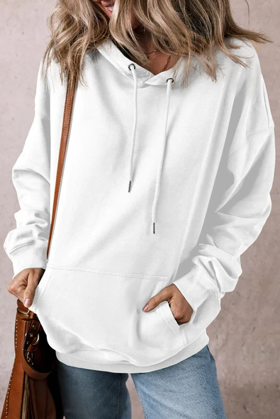 Kadın Kapüşonlu Kanguru Cepli Polar Astarlı Sweatshirt (Beyaz)