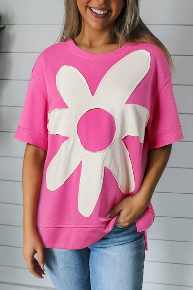 Çiçek Desenli Kadın T-Shirt (Pudra Pembe)