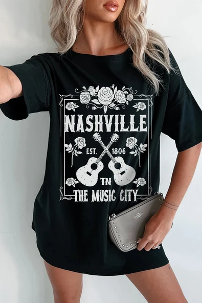 Nashville Gitar ve Gül Baskılı Tunik Tişört (Siyah)