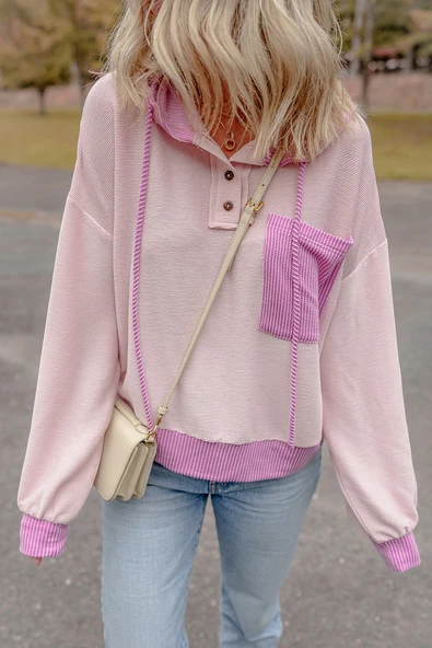 Kadın Kapüşonlu Blok Renkli Cepli Sweatshirt (Açık Pembe)