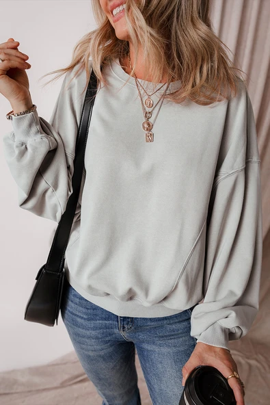 Kadın Gri Yarasa Kol Düşük Omuzlu Sweatshirt (Gri)