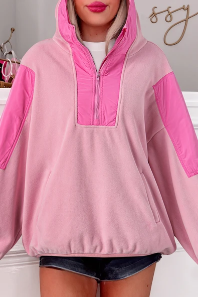 Kadın Pembe Renk Bloklu Yarım Fermuarlı Sherpa Kapüşonlu Sweatshirt (Pembe)