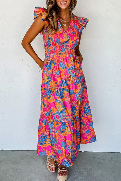 Boho Çiçek Desenli Uzun Elbise - V Yaka - Katmanlı (Gül Kırmızısı)