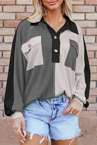 Kadın Gri Renk Bloklu Ribanalı Yakalı Oversize Sweatshirt (Gri)