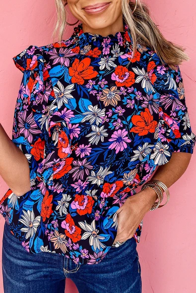 Çiçek Desenli Fırfırlı Peplum Bluz (Mavi)
