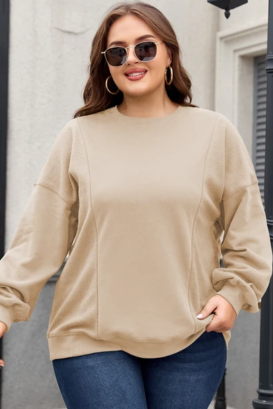 Kadın Bol Kesim Patchwork Bisiklet Yaka Sweatshirt (Kayısı Rengi)