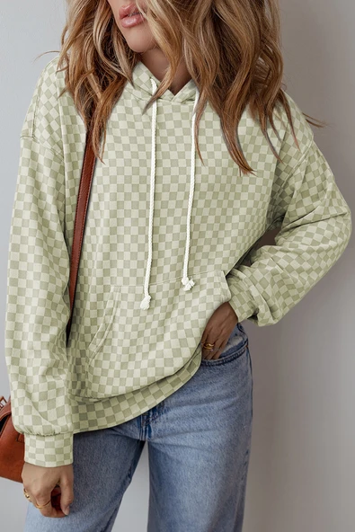 Kadın Yeşil Ekose Desenli Kapüşonlu Sweatshirt (Yeşil)