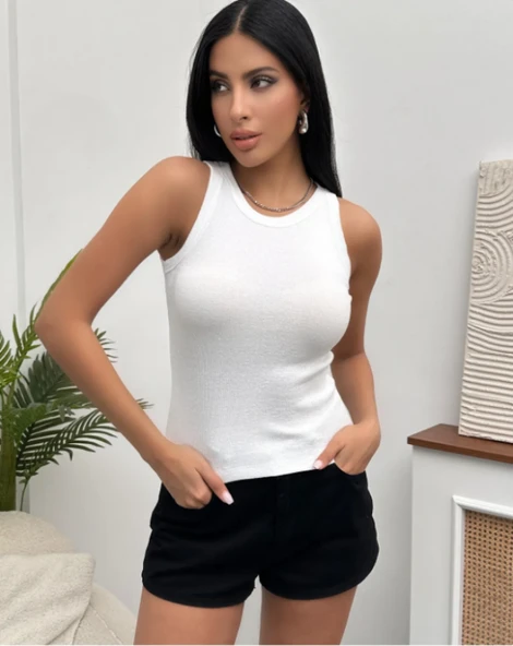 Kadın Esnek Crop Halter Yaka Fitilli Örme Bluz - 3