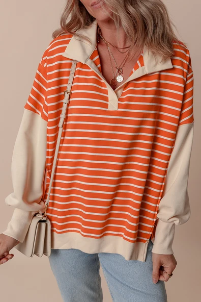Kadın Turuncu Çizgili Yakalı Sweatshirt (Turuncu - Çizgili)