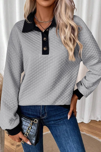 Kadın Düğmeli Yaka Blok Renkli Sweatshirt (Açık Gri)