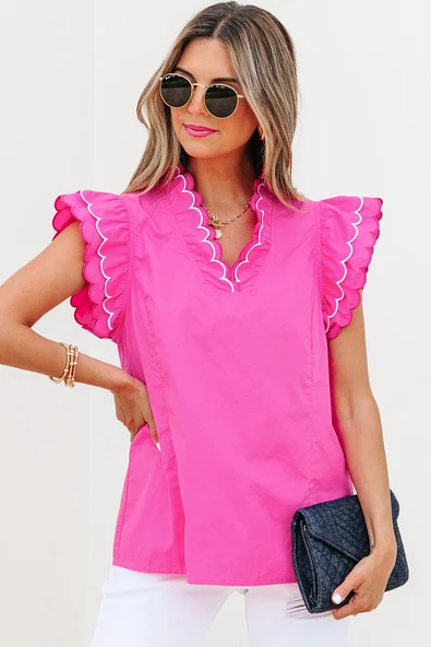 Kadın Kısa Kollu V Yaka Bluz (Parlak Pembe)