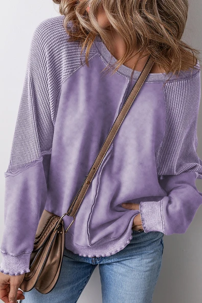 Kadın Waffle Örme Raglan Kol Sweatshirt (Orkide Yaprağı)