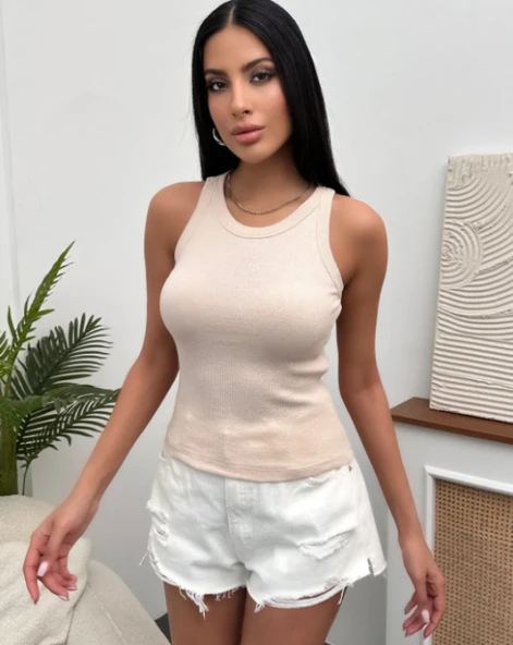 Kadın Esnek Crop Halter Yaka Fitilli Örme Bluz