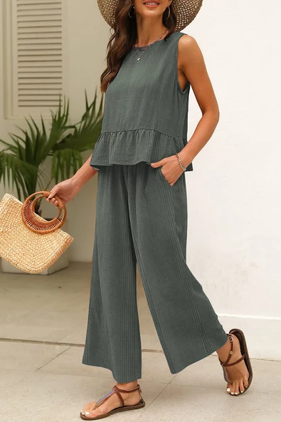 Kadın Fitilli Fırfırlı Tank Top ve Pantolon Takımı (Haki Yeşili)
