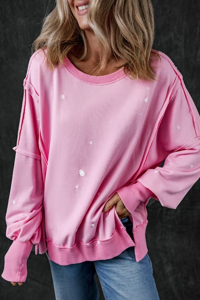 Kadın Dikiş Detaylı Baskılı Bol Sweatshirt (Bonbon)