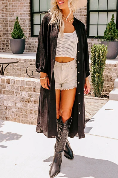 Kadın Düğmeli Uzun Kimono (Siyah)