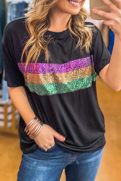 Payetli Şeritli Kadın T-Shirt (Siyah)