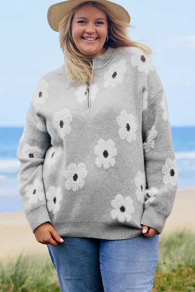 Büyük Beden Nakışlı Çiçek Desenli Yarım Fermuarlı Kadın Sweatshirt (Gri)