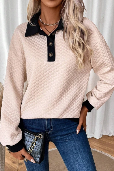 Kadın Düğmeli Yaka Renk Bloklu Sweatshirt (Yulaf Ezmesi)