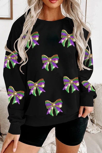 Kadın Pul Payetli Grafik Baskılı Sweatshirt (Siyah)