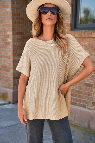 Kadın Kısa Kollu Oversize Triko Kazak (Kayısı)