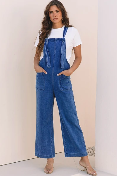Kadın Düğüm Askılı Cepli Geniş Paça Denim Tulum (Prusya Mavisi)