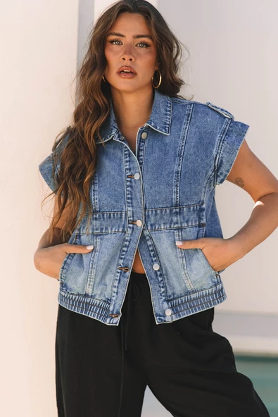 Kadın Düğmeli Yıkanmış Denim Yelek (Ashleigh Mavi)