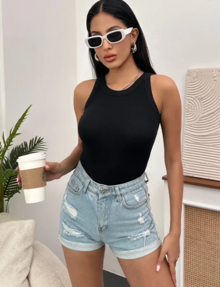Kadın Esnek Crop Halter Yaka Fitilli Örme Bluz - 2