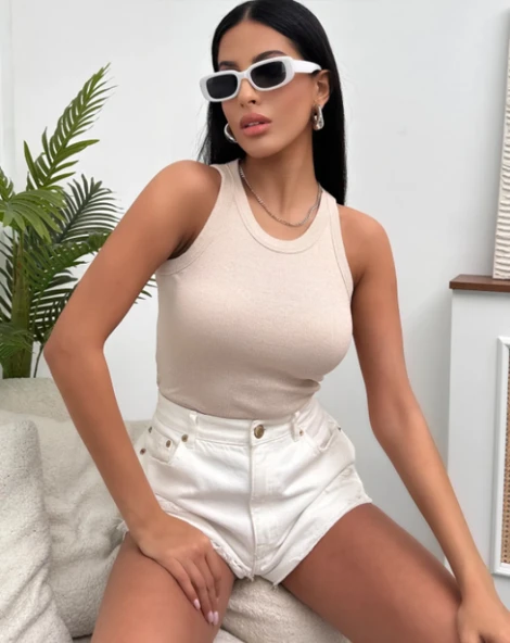 Kadın Esnek Crop Halter Yaka Fitilli Örme Bluz - 5
