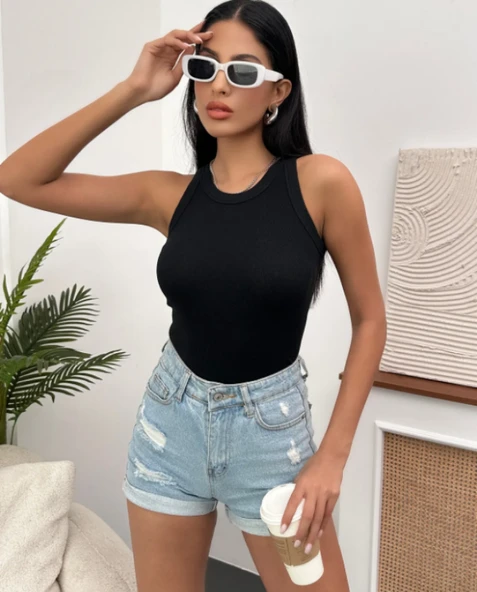 Kadın Esnek Crop Halter Yaka Fitilli Örme Bluz - 4