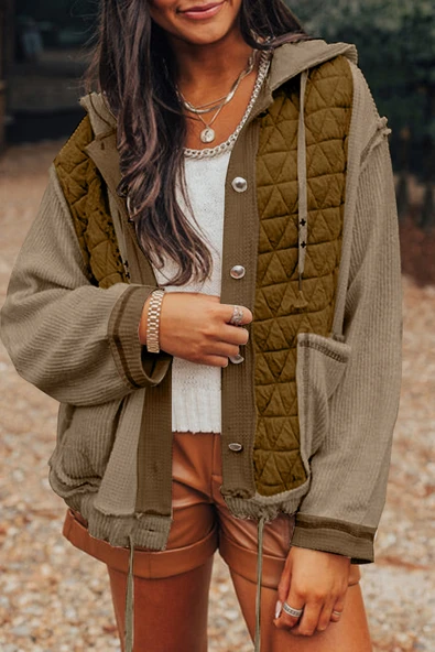 Kapüşonlu Patchwork Desenli Kadın Ceket (Orman Yeşili)