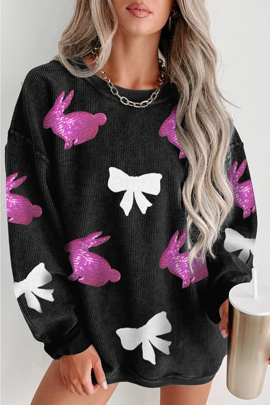 Kadın Tavşan Desenli Sweatshirt (Siyah)