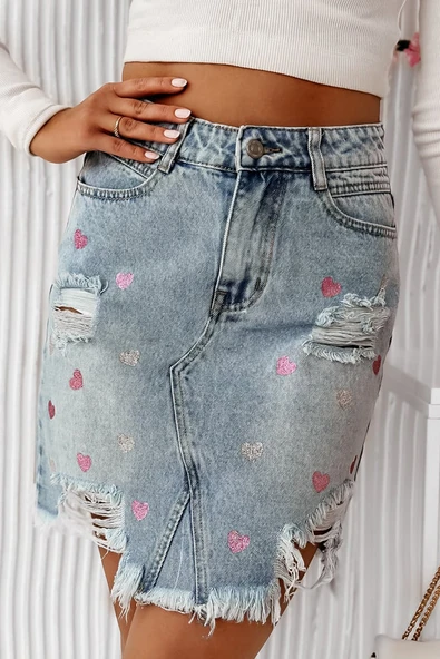 Kalp Desenli Yırtık Denim Mini Etek (Göz Alıcı Mavi)