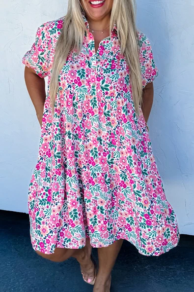 Çiçek Desenli Kısa Kollu Elbise (Pembe)