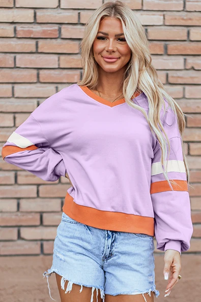Kadın V Yaka Kontrast Fitilli Patchwork Uzun Kollu Sweatshirt (Orkide Buketi)