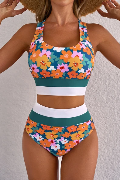 Çiçek Desenli Yüksek Bel Bikini Takımı (Yeşil)