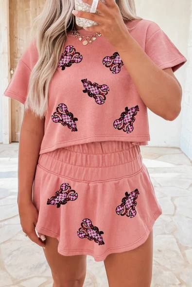 Kadın Payetli Yengeç Desenli Crop Top ve Yüksek Bel Şort Takımı (Çiçek Açmış)