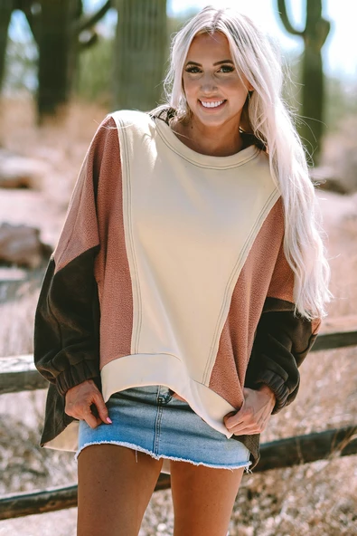 Kadın Bej Oversize Renk Bloklu Patchwork Hoodie (Bej)