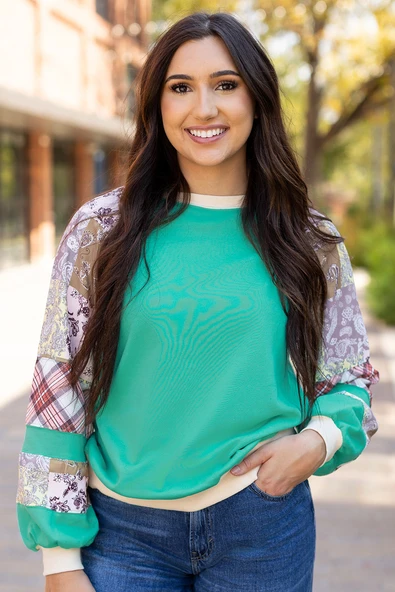 Kadın Uzun Kollu Raglan Bluz - Ekose ve Paisley Desenli (Aruba Mavisi)