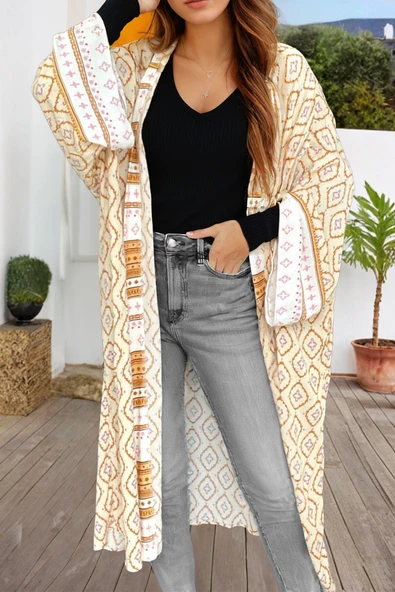 Kadın Sarı Bohem Geometrik Desenli Kimono (Sarı)